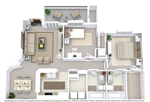 This is a 3D-floor plan providing a detailed, angled view of the space with room layouts, furniture placement, and spatial flow. Features 2 bedroom/s, 2 bathroom/s, and approximately 885 Sq. Ft